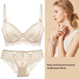 Victoria palace sexy floral lace bra ultra-thin sponge-free underwear set women's zodiac year new year red bra set apricot set bra + panties m 75/34c with panties