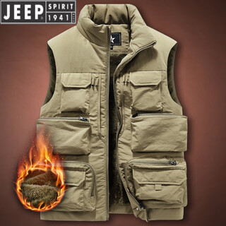 Jeep spirit velvet thickened outdoor sports vest men's multi-pocket work vest fishing photography vest sleeveless jacket trendy 8877 khaki-plush style m suitable for weight 100-120jin jin is equal to about 0.5 kg