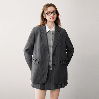 Leding gray style flat lapel striped suit jacket autumn new bow design suit black, white and gray stripes (ready stock) xs
