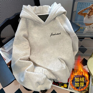 Katuchi american hiphop trendy brand letter hooded sweatshirt for men and women in autumn and winter loose trendy velvet thickened tops jacket white gray-velvet l