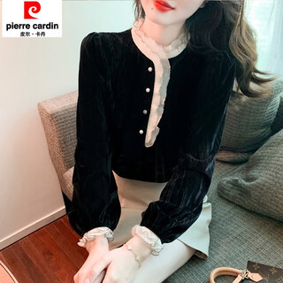 Pierre cardin autumn and winter thickened gold velvet top women's new fashion stand-up collar lace top bottoming black shirt black 5xl 170-185jin jin is equal to 0.5 kg