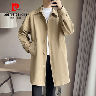 Pierre cardin 2025 new spring and autumn trendy new mid-length single-breasted jacket, simple, handsome, versatile, loose windbreaker for men, khaki 2xl