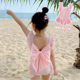 Zhenxiqi children's swimsuit for hot spring girls sweet and cute bow swimsuit 2024 new princess one-piece swimsuit pink swimsuit + same color swimming cap one size fits all recommended 25-40jin jin equals 0.5 kg