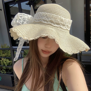 Huayuzhi straw hat women's hat seaside sun hat large brim sun hat sun hat windproof hat woven hat straw beach hat rhombus lace strip straw hat beige