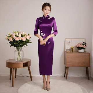 Meifuna cheongsam chinese style fashionable high-end grandma's wedding dress can be worn every day slim embroidered cheongsam wedding dress for women purple xl