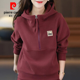 Pierre cardin casual sports sweatshirt suit women's velvet thickened winter 2025 new large l size fashionable two-piece pin set burgundy l 90-115jin jin is equal to 0.5 kg