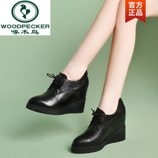 Woodpecker wedge heel thick-soled platform shoes for women in spring and autumn, height-increasing women's shoes, autumn new genuine leather single shoes, deep mouth small leather shoes for women, black single lining 35
