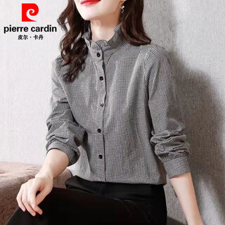 Pierre cardin black and white plaid shirt women's long-sleeved stand-up collar fungus lace cardigan top korean style spring and autumn loose bottoming versatile black and white plaid s 75-95jin jin equals 0.5 kg