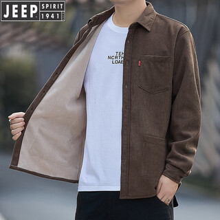 Jeep corduroy shirt men's spring, autumn and winter new solid color non-iron plus velvet thickened shirt middle-aged and elderly warm tops for men oatmeal corduroy warm 688 plus velvet xl recommended 130-150jin jin equals 0.5 kg