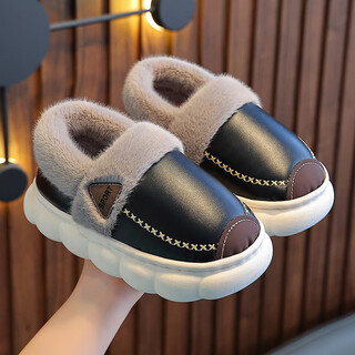 Yiai children's cotton slippers winter boys and girls pu leather waterproof soft bottom non-slip parent-child indoor warm plush cotton slippers black heel 34-35 inner length 21