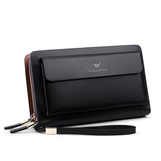 Williampolo paul leather double zipper handbag fashion clutch men's wallet business men's bag large capacity clutch bag leather bag black