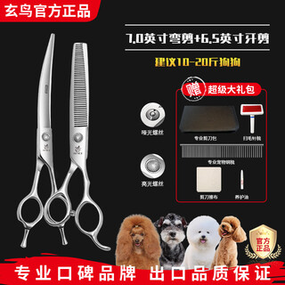Xuanniao professional pet grooming scissors, straight cut, curved scissors, tooth scissors, fish bone scissors, cat and dog teddy bear trimming set tools, small and medium-sized, 7 curved scissors + 6.5 tooth scissors, bright (hand handle)