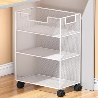 All are bookshelf floor-standing storage racks, removable wheeled under-desk book storage cabinets, small bookshelf beside the desk, under-the-desk storage racks, white three-layer mobile model, dense mesh concave type