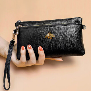 Glozde 100 first-layer cowhide women's bag new women's wallet small handbag long clutch bag zipper coin purse clutch bag black