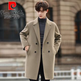 Pierre cardin men's wool woolen coat autumn and winter korean version mid-length high-end men's british windbreaker double-sided sheep. velvet outer khaki l