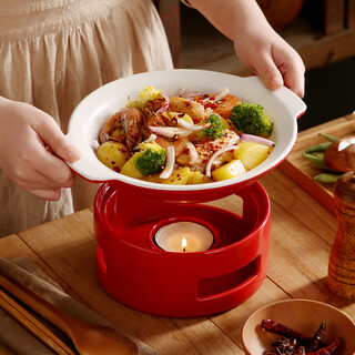 Duo meiran hotel ceramic casserole dry pot pot commercial restaurant alcohol stove heating candle insulation open stove pot small hot pot 9-inch red (dual ears) shallow pot + stove base round body
