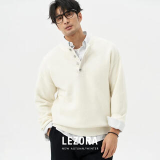 Lezora imported australian ultra-light tasmanian wool suede pineapple plaid henry collar sweater for men white l