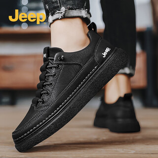 Jeep men's shoes 2025 new winter british business men's casual leather shoes soft sole black versatile sports sneakers black 41