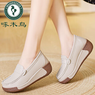 Woodpecker genuine leather non-tiring foot-increasing thick-soled wedge platform shoes casual non-slip shoes one-leg pumps mother women's shoes gray 38