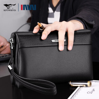 Septwolves men's handbag genuine leather large capacity first layer cowhide multifunctional clutch bag business casual clutch bag black medium size 23*14*5.5