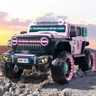 爵士酷派牧马人儿童电动车可坐大人1-3-6岁小孩遥控玩具汽车宝宝四驱童车 顶配粉：12A超威+皮座发光软轮