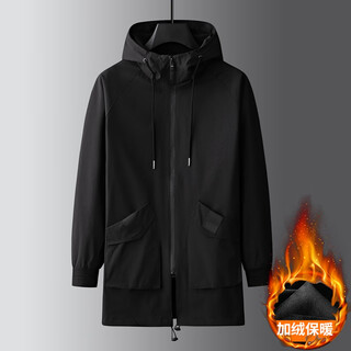 Year of the fat man windbreaker jacket men's large size men's fat man hooded autumn mid-length jacket plus fat extra large pure black jacket model h306 plus velvet 8xl 251-270jin jin is equal to 0.5 kg