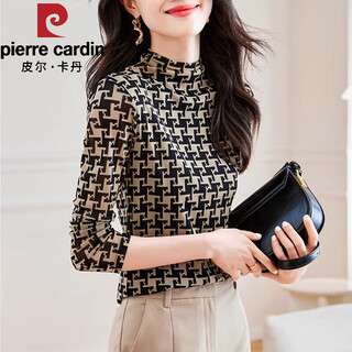 Pierre cardin half turtleneck houndstooth mesh long-sleeved t-shirt for women 2025 spring casual commuting bottoming shirt with slimming top picture color regular style m 100-110jin jin is equal to 0.5 kg