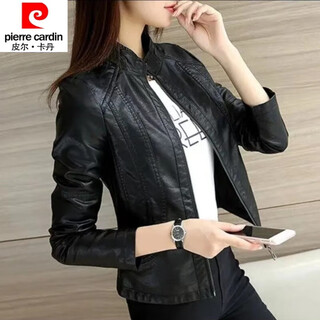 Pierre cardin 23 new leather jacket women's short spring and autumn new stand collar pu small leather jacket slim slim jacket black l recommended 95-105jin jin equals 0.5kg
