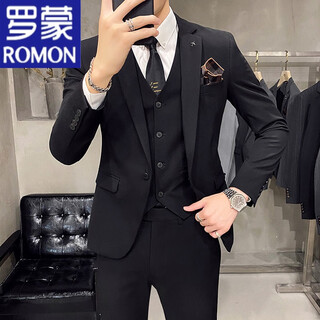 Romon handsome suit men's suit high-end slim fit groom wedding dress formal casual small man suit jacket black three-piece suit + white shirt 2xl
