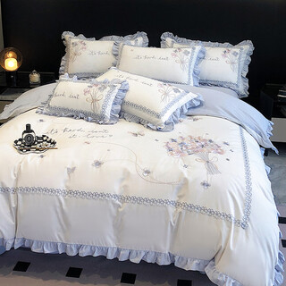 Mercury series small fresh cotton washed cotton four-piece set girly heart flower embroidery lotus leaf lace quilt cover pure cotton bedding hot sale-xinjiang cotton-dielianhua-mist blue 1.8m sheet style four-piece set quilt cover 200*230