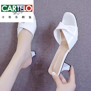 Cartelo crocodile (cartelo) simulated leather sandals for women's outer wear 2025 summer new versatile thick heel fish mouth shoes high heel slippers off-white standard size 34