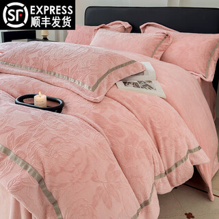 Mercury series a-type mother and baby bed milk velvet four-piece coral velvet winter double-sided flannel thickened winter bed sheet quilt cover hua meng qing yuan - princess pink 1.8m bed sheet four-piece set - quilt cover 200*230