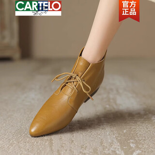 Cartelo retro leather pointed-toe short boots flat boots for women spring and autumn new british style ankle boots soft sole lace-up martin boots camel 39