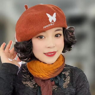Gu wenlun's hat with wig for middle-aged and elderly women in autumn and winter new fashion embroidered butterfly beret simulated short curly hair brick red hat (black brown hair) hair net
