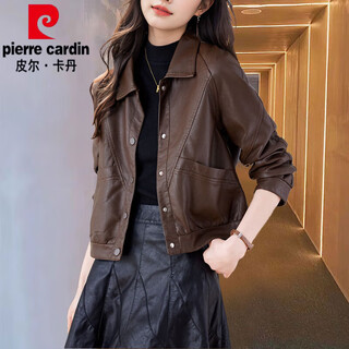 Pierre cardin haining genuine leather jacket women's short 2025 new high-end women's small sheepskin jacket khaki xl suitable for 115-125 jin jin equals 0.5 kg