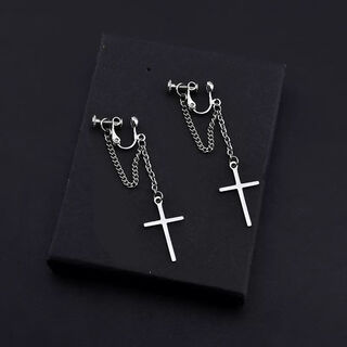 Chuden long earrings 2024 new men's earrings cross ear clips without piercing girls earrings tassel ear hooks tassel cross ear clips single
