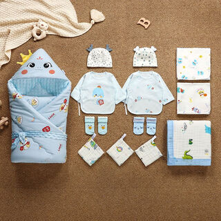 Disney (disney) newborn baby complete set of maternity packages, delivery room packages, quilts, fetal caps and half-back clothes, spring, autumn, and winter baby squares, safe little snake-blue thirteen-piece set, 52cm, summer style, unquilted, 360g, free belly band/fixed pillow