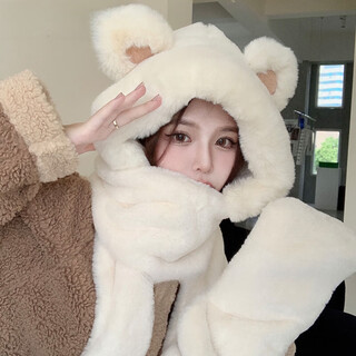 Qipeier bear hat autumn and winter women's scarf gloves one-piece hooded winter scarf cute warm plush winter three-piece set bntz-464 white