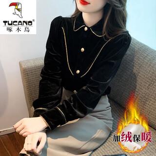 Woodpecker autumn and winter velvet thickened shirt for women 2025 new fashionable gold velvet top winter base layer shirt black plus/velvet xl