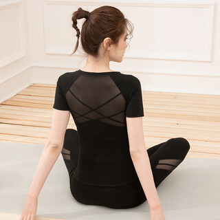Sporn yoga clothing women's suit spring and summer new short-sleeved professional fitness clothing with built-in chest pad pilates thin sports suit black top (with chest pad) + leg shaping trousers l (100-120jin jin equals 0.5 kg)