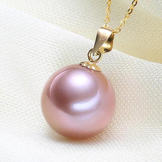 Drjefun pearl necklace romantic purple freshwater pearl pendant perfect round bright light 14-15mm for girlfriend purple pearl gold holder 14-15mm
