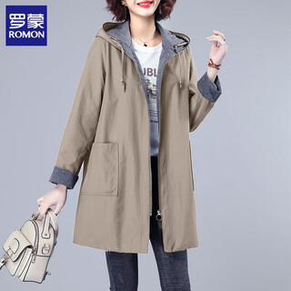 Romon windbreaker women's high-end spring and autumn new style loose 300jin jin equals 0.5kg large size coat hooded mid-length lined top khaki 2xl 140-160jin jin equals 0.5kg