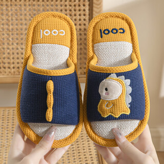 Robot pig children's linen slippers for boys 2025 new medium and large children spring and autumn boys baby home cotton and linen slippers non-slip navy blue size 34-35 inner length 21cm