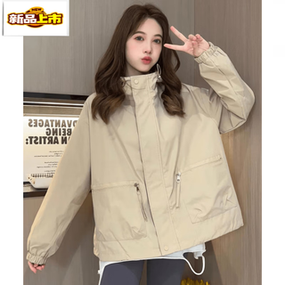 First diameter solid color zipper hooded petite windbreaker for women 2025 new loose and flesh-covering casual three-dimensional cropped short coat khaki with lining m recommended under 110