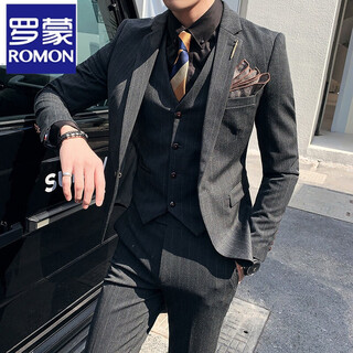 Romon suit men's three-piece korean style slim-fitting business professional interview formal striped suit groom's wedding dress dark gray one-piece suit m