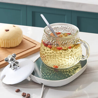 Tiannan brothers electric heating coaster 55 degree warm cup health cup constant temperature coaster automatic insulation base hot milk heater household water cup birthday gift green constant temperature coaster + bear cup with cover and spoon set