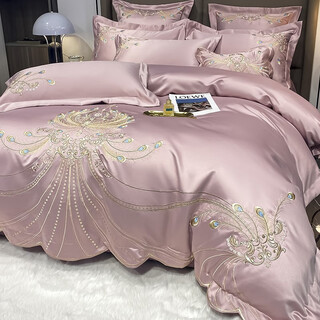 Mercury series home textiles light luxury high-end spring, autumn and winter 100-count pure cotton four-piece embroidered quilt cover for naked sleeping, long-staple cotton european style, bird feather bean paste, 1.8 meter bed sheet suitable for 200x230 quilt core