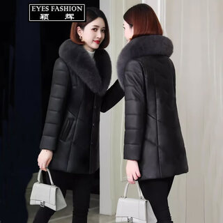Yinghui genuine leather coat for women haining sheepskin mid-length coat fox fur collar down jacket slim fit long coat thick black 2xl
