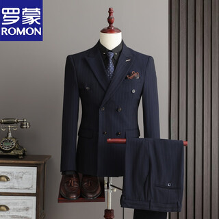 Romon three-piece spring suit men's suit groom wedding dress slim business striped high-end british suit men's high-end blue suit + vest + trousers xl (suitable for 125-135 jin jin equals 0.5 kg)