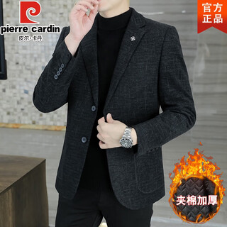 皮尔卡丹品牌男装秋冬新款毛呢西服男商务休闲单外套夹克男士小西装上衣潮 1号色加棉款 2XL